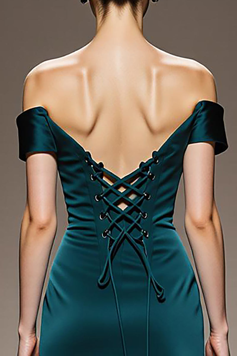 Laden Sie das Bild in den Galerie-Viewer, Pfauenblaues Schulterfreies Etui Ballkleid aus Satin