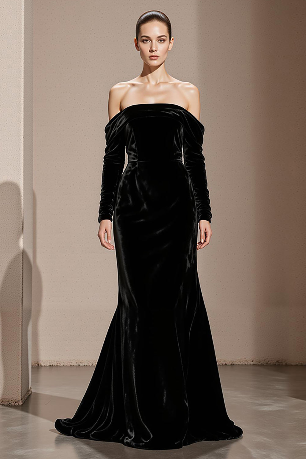 Schwarzes Schulterfreies Meerjungfrauen Ballkleid aus Samt