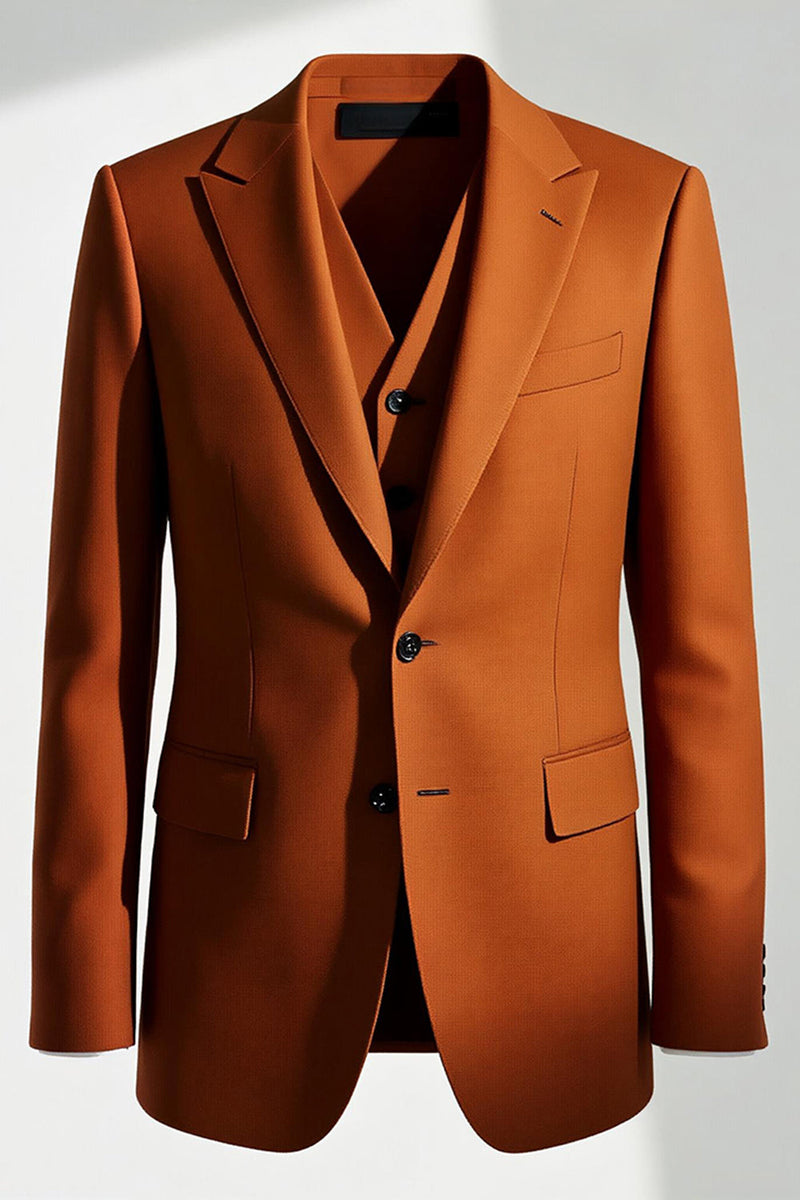 Laden Sie das Bild in den Galerie-Viewer, Dunkelorange 2-teilige Ballanzüge mit Peak Revers für Herren