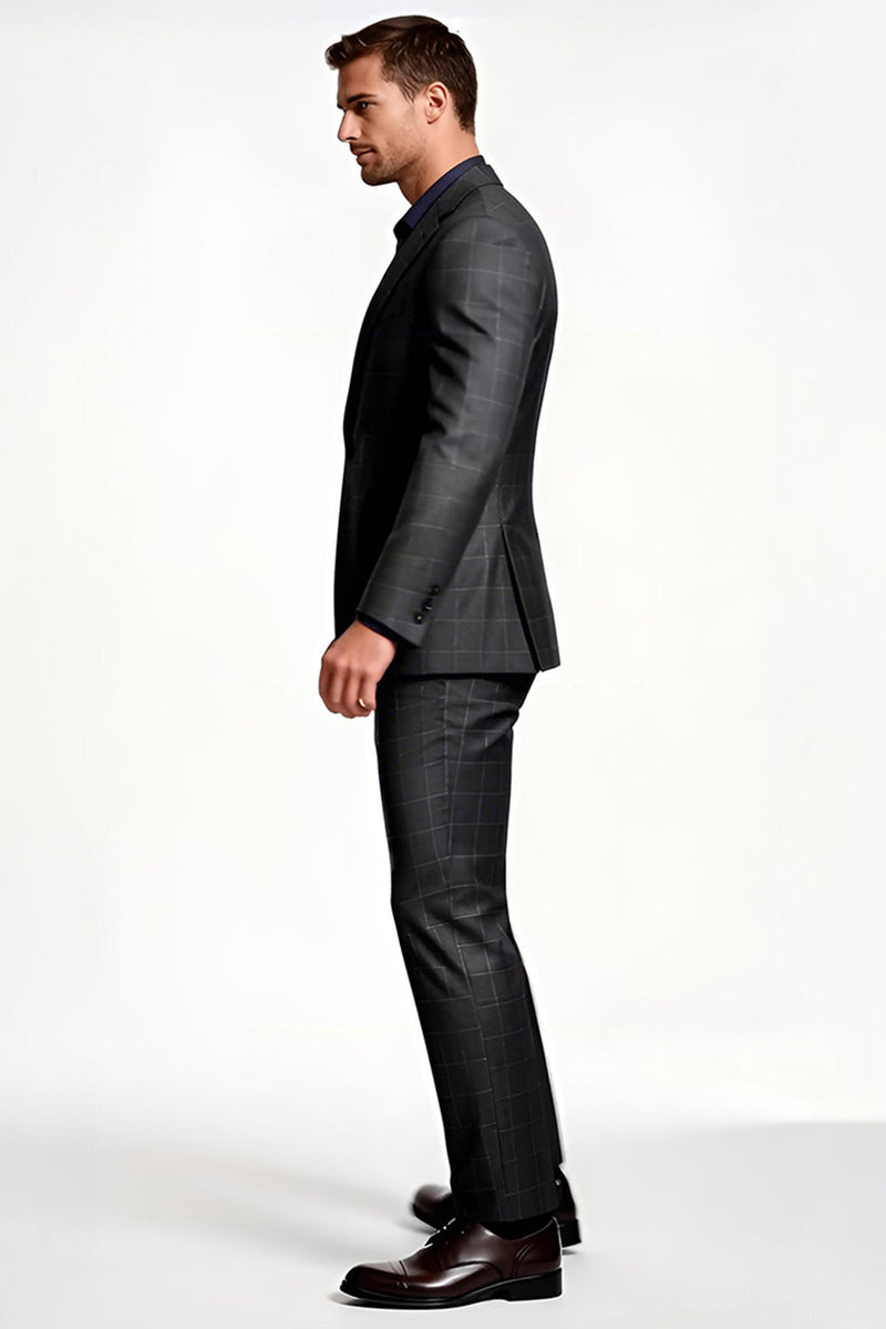 Laden Sie das Bild in den Galerie-Viewer, Dunkelgrau Gestreifte Gekerbte Revers 2-teilige Einreihige Herrenanzüge