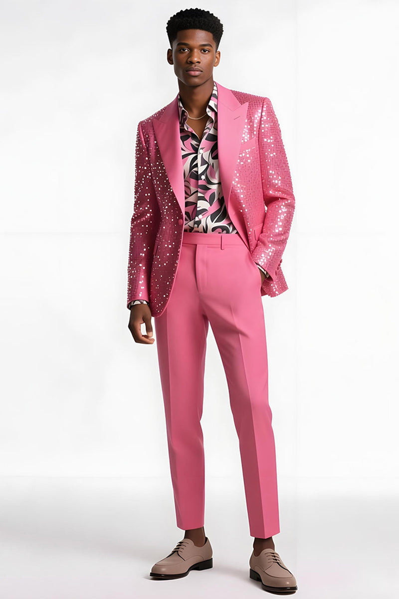 Laden Sie das Bild in den Galerie-Viewer, 2 Stück Blush Slim Fit Peak Revers Herren Ballanzüge mit Pailletten