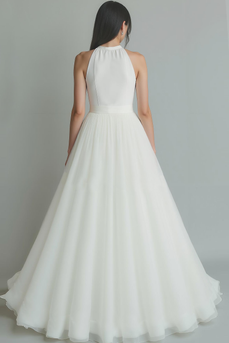 Weißes Langes A-Linie Organza Brautkleid mit Schleife und Rundhalsausschnitt und Schlüsselloch