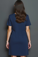 Laden Sie das Bild in den Galerie-Viewer, Marineblaues Kurzes Arbeitskleid mit Rundhalsausschnitt und Knöpfen und Ärmeln in A-Linie