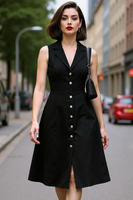 Laden Sie das Bild in den Galerie-Viewer, Schwarzes Ärmelloses Einreihiges Midi Business Kleider mit gekerbtem Revers in A-Linie