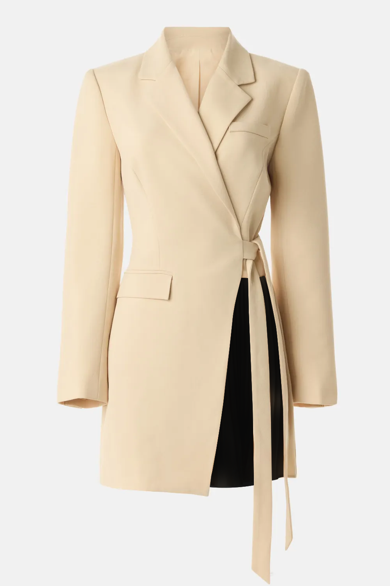 Laden Sie das Bild in den Galerie-Viewer, Champagner und Schwarz A-Linie Gekerbtes Revers Langärmeliges Kurzes Arbeitskleid mit Schärpe