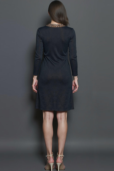 Schwarzes Midi Bleistift Arbeitskleid mit Rundhalsausschnitt und Ärmeln