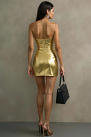 Laden Sie das Bild in den Galerie-Viewer, Golden Metallic Bodycon Kurzes Cocktailkleid mit Wasserfallausschnitt