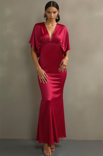 Fuchsia Satin Meerjungfrauen Ballkleid mit V-Ausschnitt