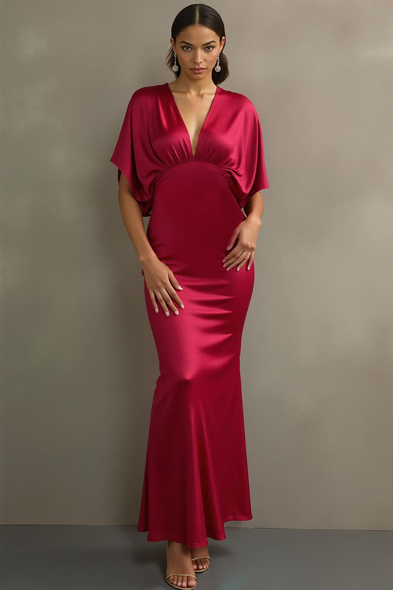 Laden Sie das Bild in den Galerie-Viewer, Fuchsia Satin Meerjungfrauen Ballkleid mit V-Ausschnitt