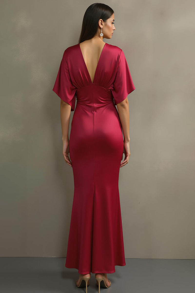 Laden Sie das Bild in den Galerie-Viewer, Fuchsia Satin Meerjungfrauen Ballkleid mit V-Ausschnitt