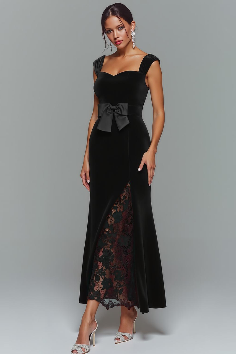 Laden Sie das Bild in den Galerie-Viewer, Schwarzes Meerjungfrauen Partykleid aus Samt mit Schleife