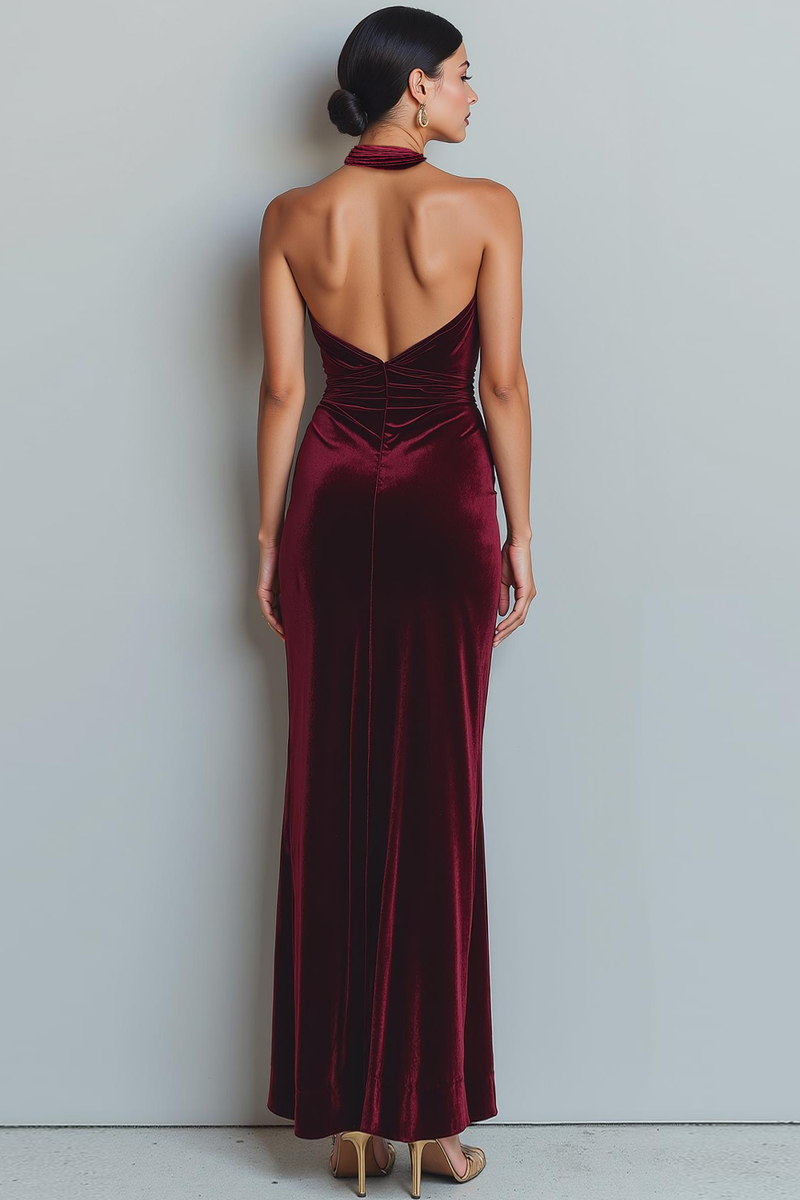 Laden Sie das Bild in den Galerie-Viewer, Cabernet Samt Meerjungfrau Neckholder Langes Partykleid