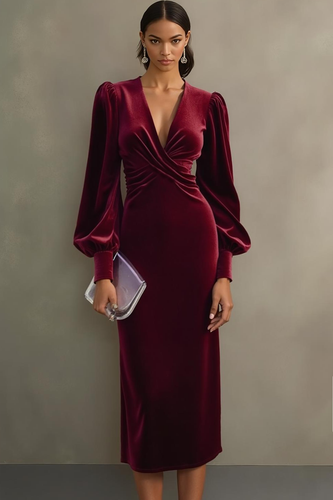 Cabernet Samt Etui Langärmeliges Midi Partykleid