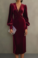 Laden Sie das Bild in den Galerie-Viewer, Cabernet Samt Etui Langärmeliges Midi Partykleid