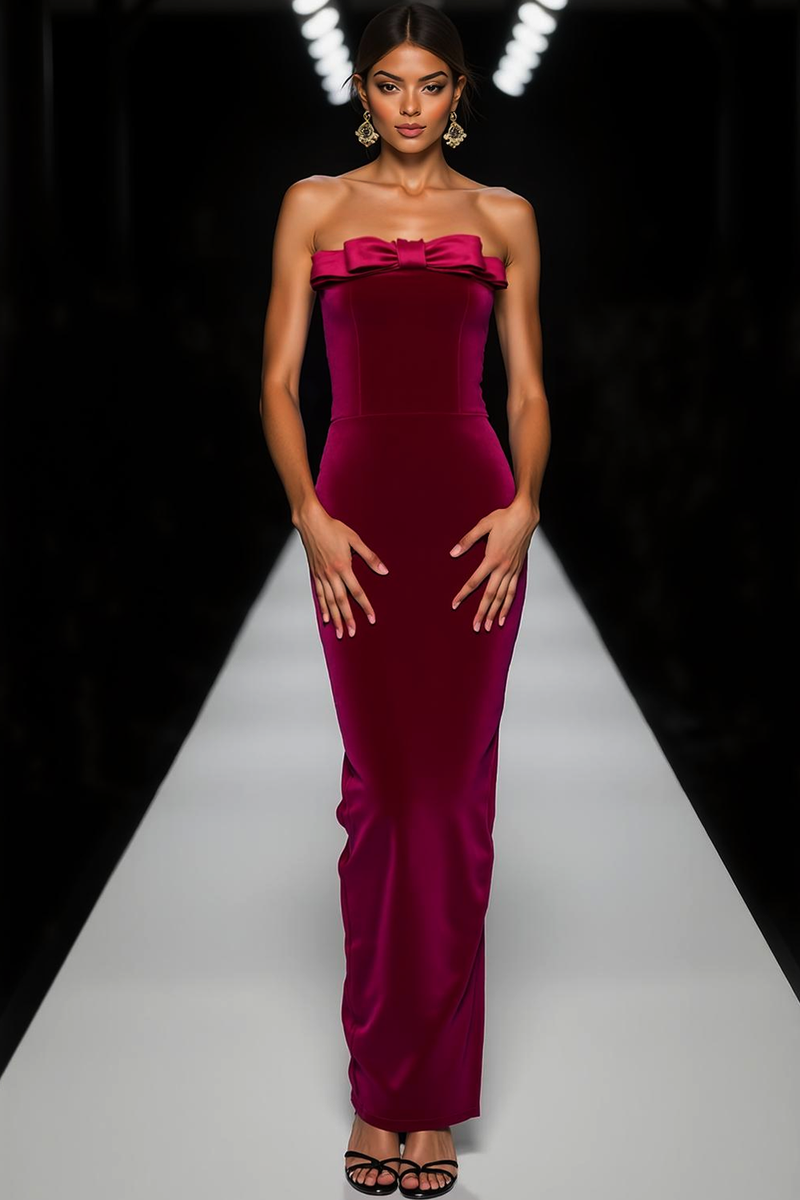 Laden Sie das Bild in den Galerie-Viewer, Cabernet Samt Trägerloses Langes Partykleid mit Schleife