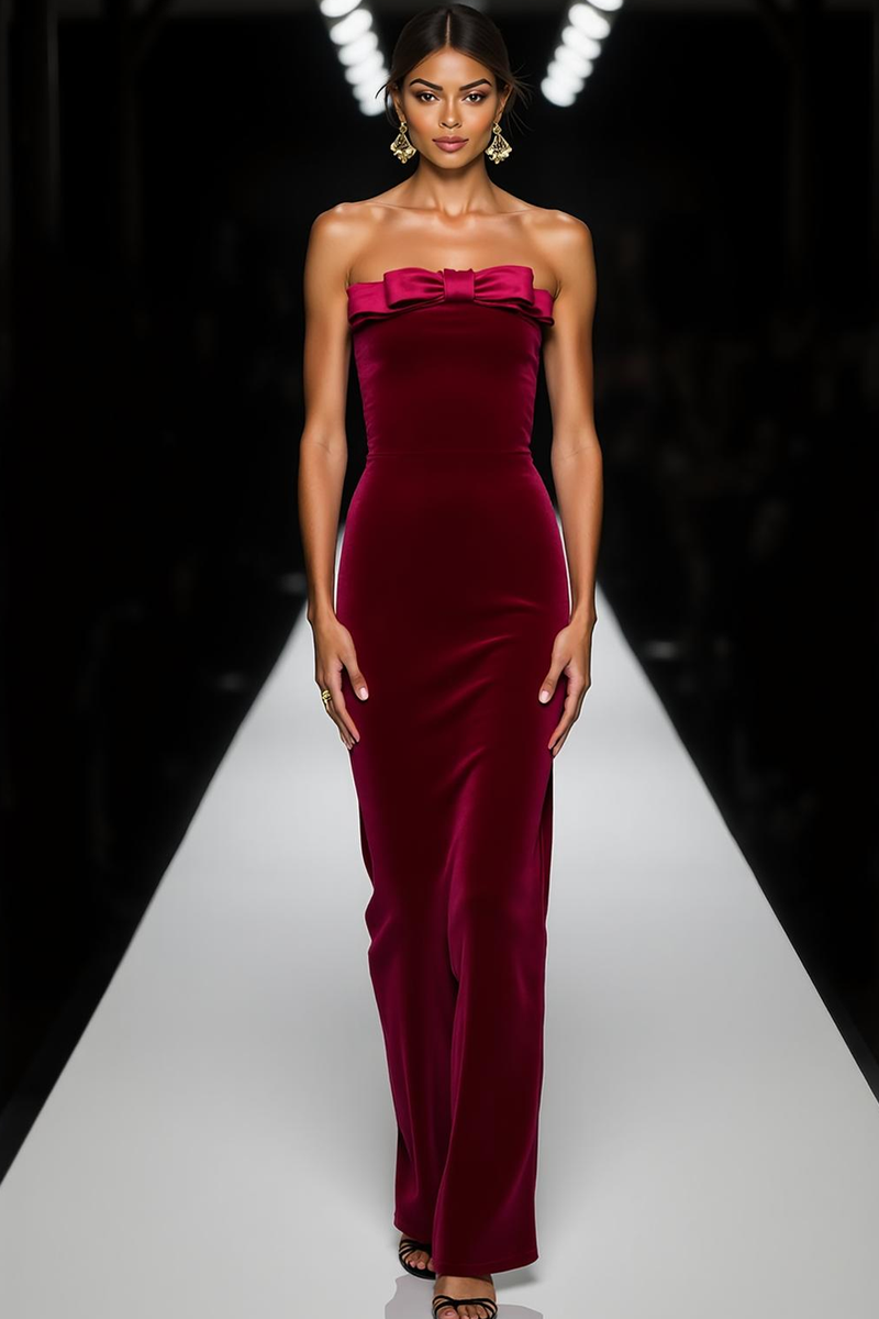 Laden Sie das Bild in den Galerie-Viewer, Cabernet Samt Trägerloses Langes Partykleid mit Schleife