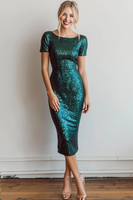 Laden Sie das Bild in den Galerie-Viewer, Glitzerndes Dunkelgrünes Pailletten Midi Etui Cocktailkleid