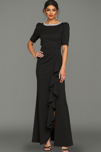 Glitzerndes Schwarzes Meerjungfrauen Ballkleid mit Rüschen und Schlitz