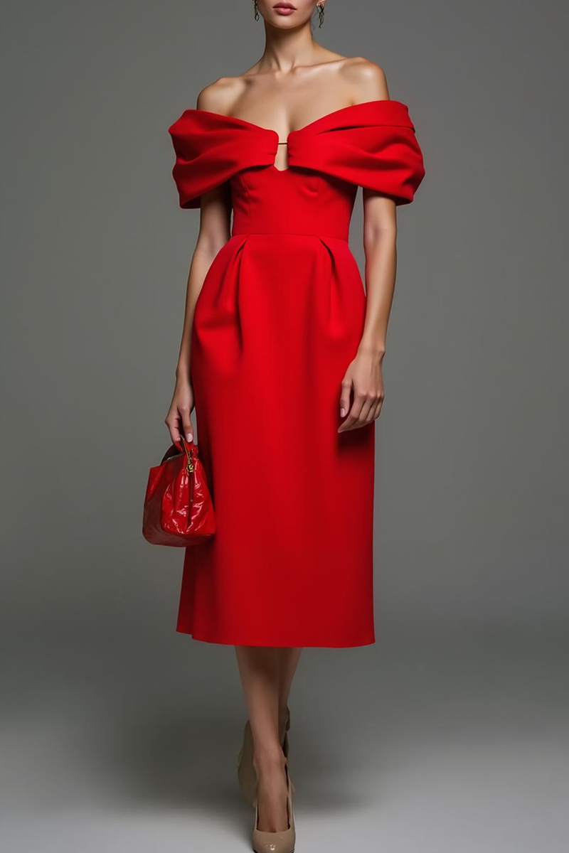 Laden Sie das Bild in den Galerie-Viewer, Rotes Schulterfreies Midi Etui Partykleid