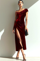 Laden Sie das Bild in den Galerie-Viewer, Cabernet Langes Gerafftes Abendkleid mit asymmetrischem Ausschnitt und Schlitz