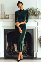 Laden Sie das Bild in den Galerie-Viewer, Dunkelgrünes Langes Etui Samt Ballkleid mit Ärmeln und  hohem Ausschnitt