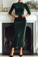 Laden Sie das Bild in den Galerie-Viewer, Dunkelgrünes Langes Etui Samt Ballkleid mit Ärmeln und  hohem Ausschnitt