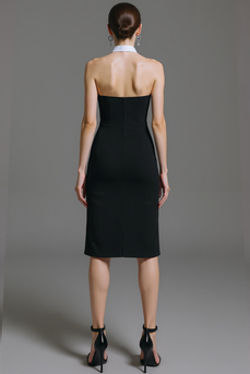 Schwarz Weiß Bodycon Cocktailkleid mit Kragen