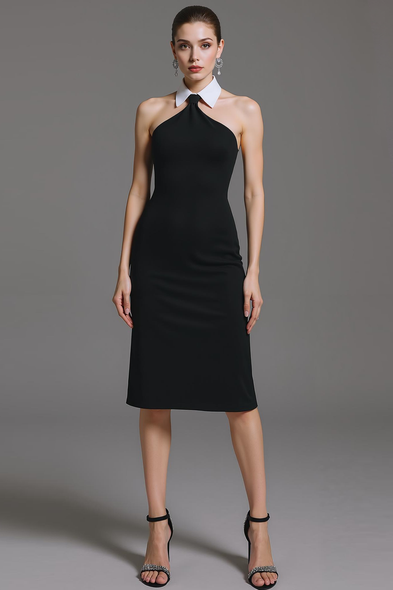 Laden Sie das Bild in den Galerie-Viewer, Schwarz Weiß Bodycon Cocktailkleid mit Kragen