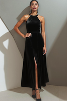 Laden Sie das Bild in den Galerie-Viewer, Schwarzes Samt Neckholder Ballkleid mit Schlitz