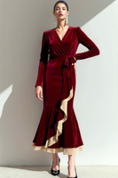 Laden Sie das Bild in den Galerie-Viewer, Cabernet Meerjungfrau Rüschen Samt Langärmeliges Partykleid