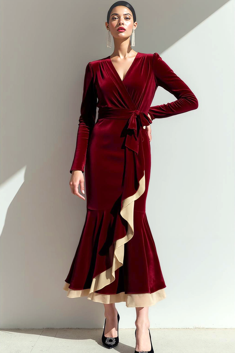 Laden Sie das Bild in den Galerie-Viewer, Cabernet Meerjungfrau Rüschen Samt Langärmeliges Partykleid
