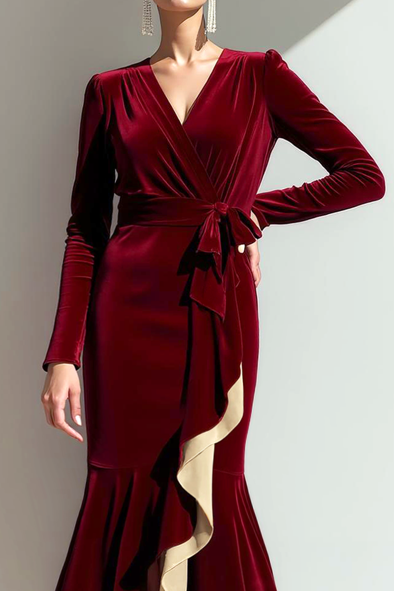 Laden Sie das Bild in den Galerie-Viewer, Cabernet Meerjungfrau Rüschen Samt Langärmeliges Partykleid