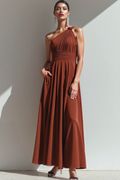 Laden Sie das Bild in den Galerie-Viewer, Terrakotta Eine Schulter A-Linie Maxi Abendkleid mit Tasche
