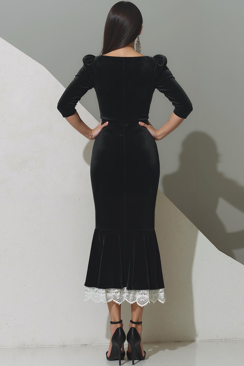 Laden Sie das Bild in den Galerie-Viewer, Schwarzes Meerjungfrauen Samt Ballkleid in Teelänge mit Spitze