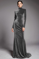 Laden Sie das Bild in den Galerie-Viewer, Cabernet Samt Hochhals Schleppe Ballkleid mit Ärmeln