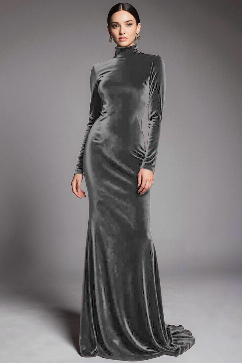 Laden Sie das Bild in den Galerie-Viewer, Cabernet Samt Hochhals Schleppe Ballkleid mit Ärmeln