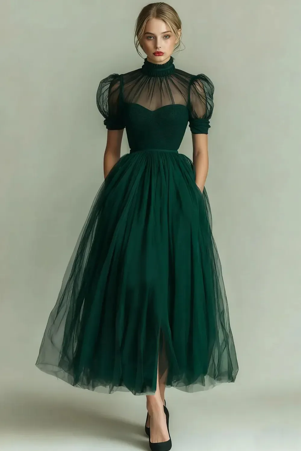 Dunkelgrünes A-Linie Hochhals Tüll Midi Kleid mit kurzen Ärmeln