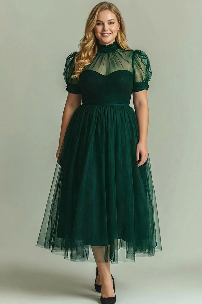 Laden Sie das Bild in den Galerie-Viewer, Dunkelgrünes A-Linie Hochhals Tüll Midi Kleid mit kurzen Ärmeln