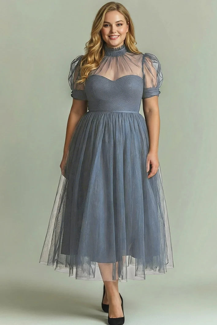 Laden Sie das Bild in den Galerie-Viewer, Dunkelgrünes A-Linie Hochhals Tüll Midi Kleid mit kurzen Ärmeln