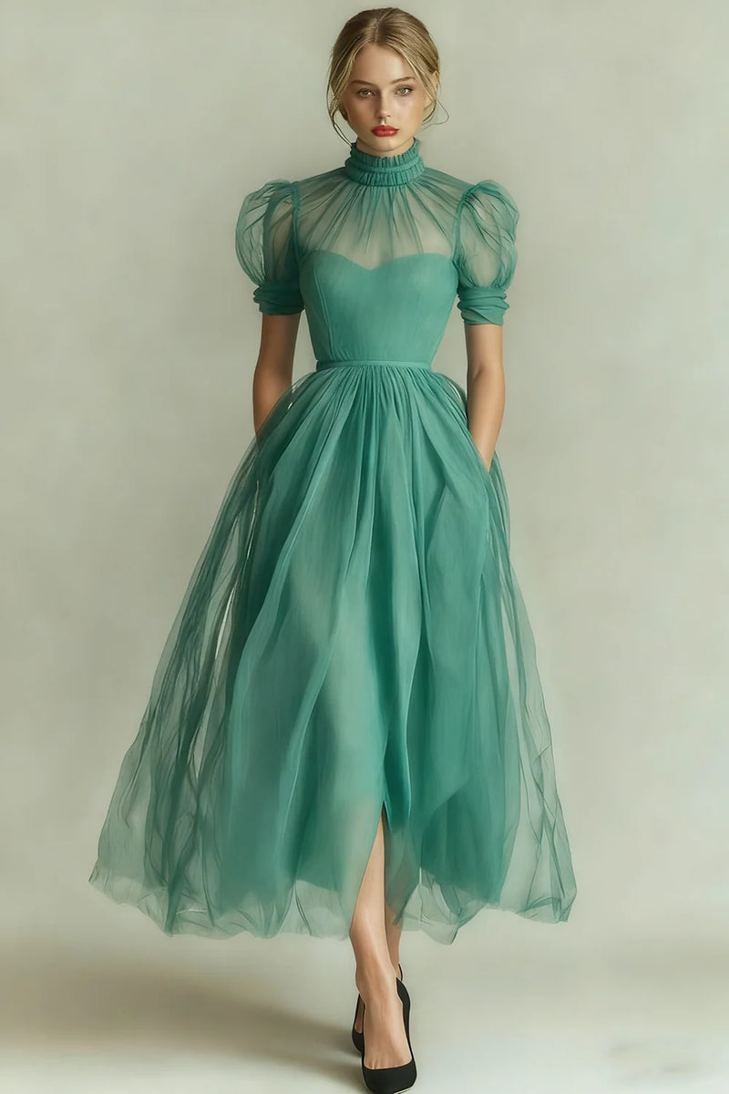 Laden Sie das Bild in den Galerie-Viewer, Dunkelgrünes A-Linie Hochhals Tüll Midi Kleid mit kurzen Ärmeln