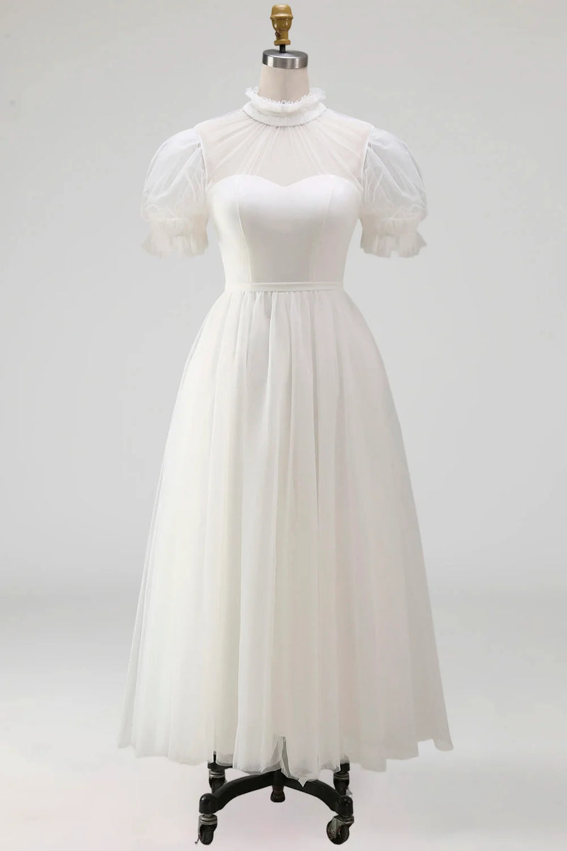 Laden Sie das Bild in den Galerie-Viewer, Dunkelgrünes A-Linie Hochhals Tüll Midi Kleid mit kurzen Ärmeln