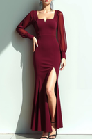 Laden Sie das Bild in den Galerie-Viewer, Cabernet Meerjungfrau Quadratischer Ausschnitt Lange Ärmel Ballkleid mit Schlitz