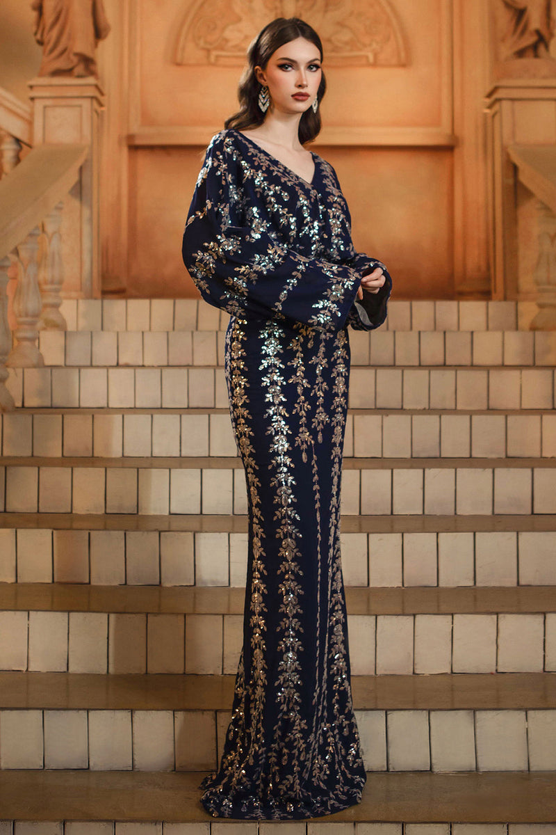 Laden Sie das Bild in den Galerie-Viewer, Glitzerndes Marineblaues Etui Brautmutterkleid mit langen Ärmeln