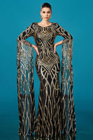 Laden Sie das Bild in den Galerie-Viewer, Schwarzes Goldenes Meerjungfrauen Ballkleid mit langen Ärmeln und Pailletten