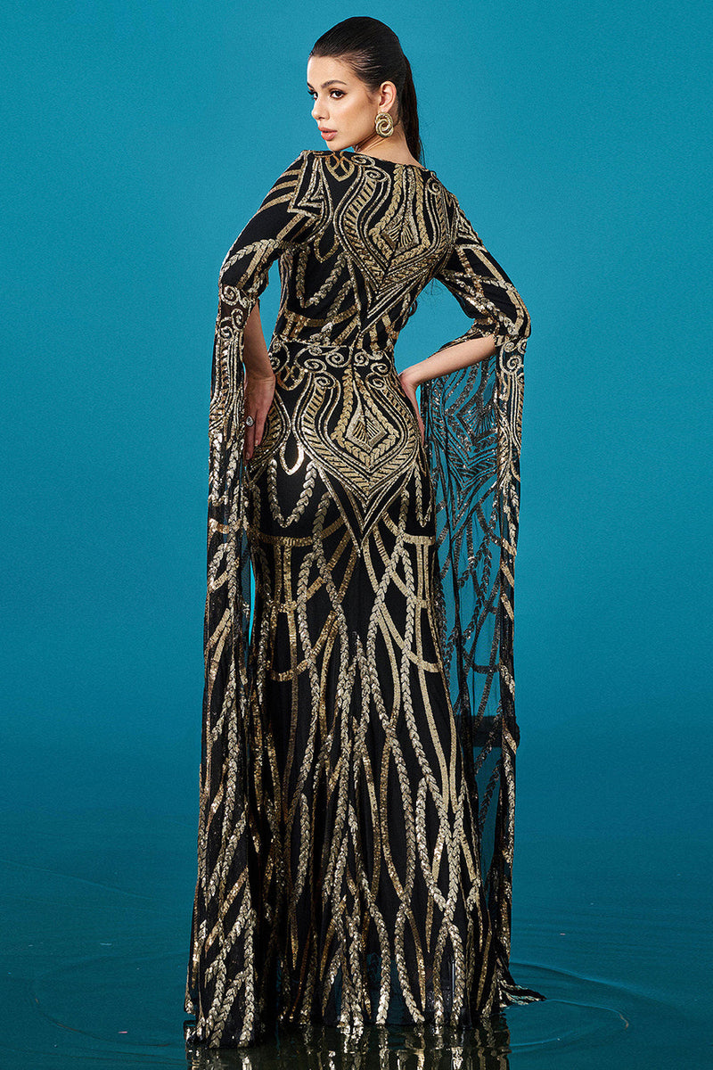 Laden Sie das Bild in den Galerie-Viewer, Schwarzes Goldenes Meerjungfrauen Ballkleid mit langen Ärmeln und Pailletten