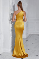 Laden Sie das Bild in den Galerie-Viewer, Gelbes Meerjungfrauen Eine Schulter Maxi Ballkleid mit Schlitz