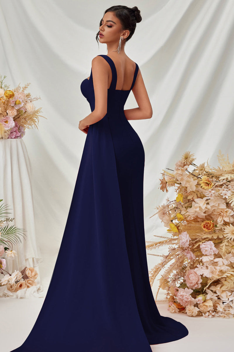 Laden Sie das Bild in den Galerie-Viewer, Maxi Träger Meerjungfrau Schwarzes Ballkleid mit Schlitz