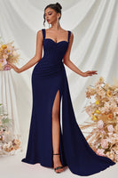 Laden Sie das Bild in den Galerie-Viewer, Maxi Träger Meerjungfrau Schwarzes Ballkleid mit Schlitz