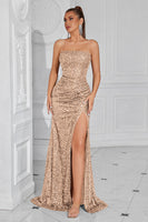 Laden Sie das Bild in den Galerie-Viewer, Glitzerndes Goldenes Pailletten Meerjungfrauen Langes Ballkleid mit Schlitz