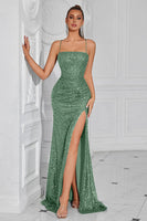 Laden Sie das Bild in den Galerie-Viewer, Glitzerndes Goldenes Pailletten Meerjungfrauen Langes Ballkleid mit Schlitz